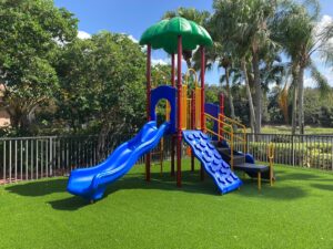 Blue, yellow, red, and green playground