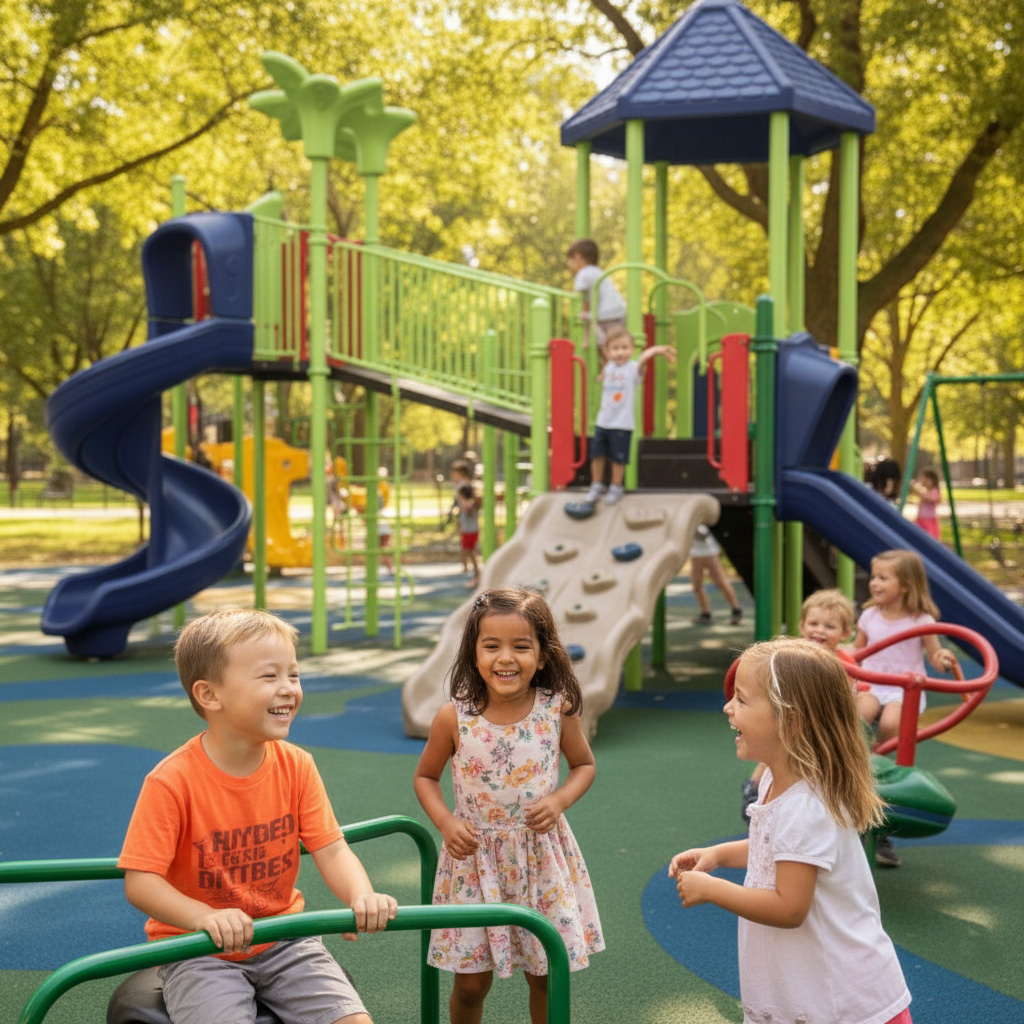Smiling children playing together on colorful playground equipment with slides and climbing structures in a sunny park — a safe, fun outdoor environment designed and maintained by A & A Playground Services.